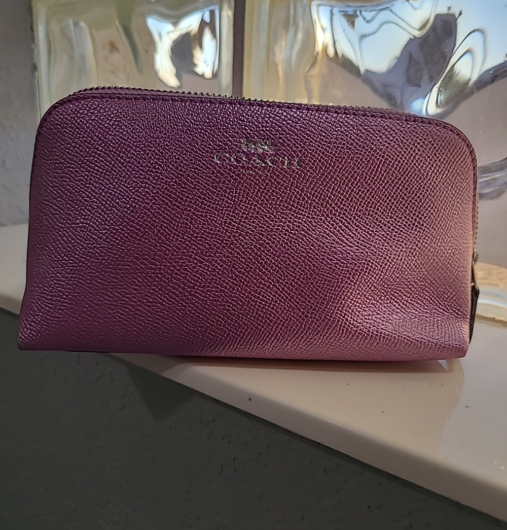 Coach Metallic Plum Leather Zip Cosmetic Pouch